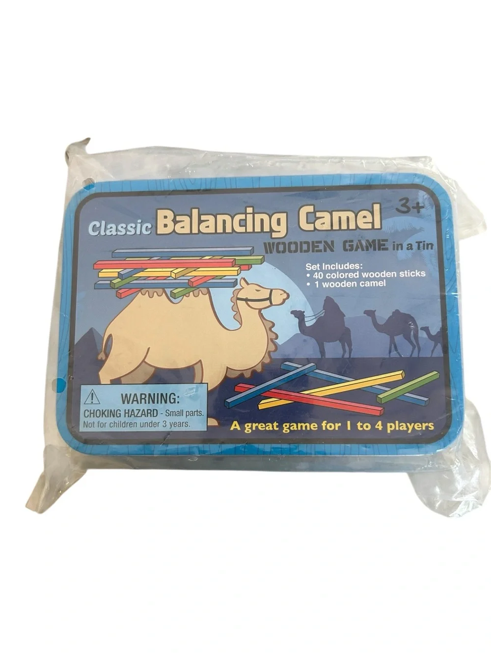 Balancing Camel Wooden Game - Blue Tin with Multicolor Sticks